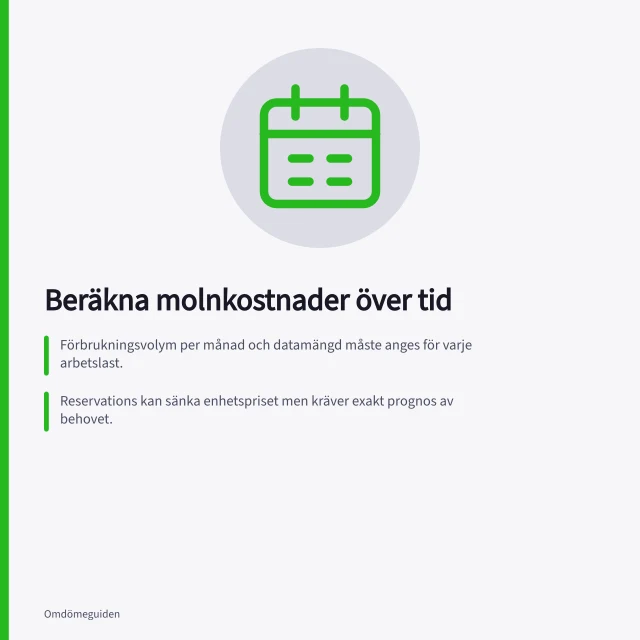 Beräkna molnkostnader över tid: Förbrukningsvolym per månad och datamängd måste anges för varje arbetslast.; Reservations kan sänka enhetspriset men kräver exakt prognos av behovet.; Dataöverföring kostar ofta extra – kontrollera leverantörens prislista. Molntjänster: så beräknar du kostnaden över avtalstiden